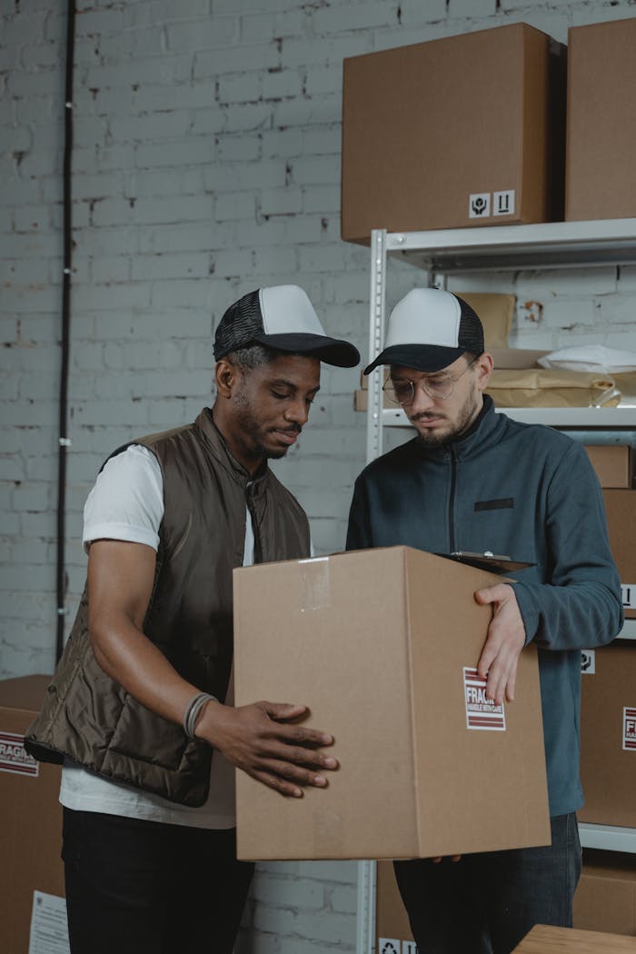 why-choose-us Two diverse colleagues manage a large parcel in a warehouse environment, showcasing teamwork and logistics.