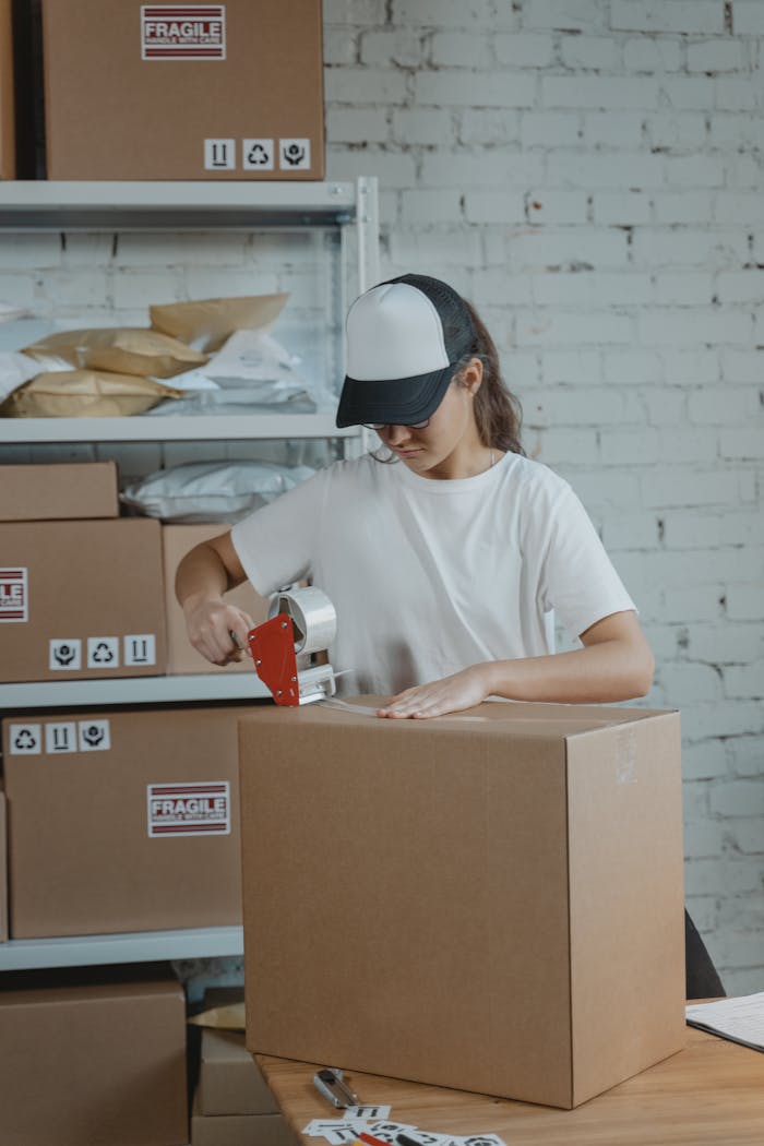 brand-01 Young female worker sealing cardboard boxes in an indoor warehouse setting.